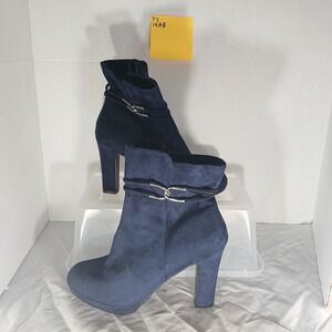 OLIDA Navy Blue‎ Suede Side Zip Ankle Boots Women's Size 7.5M Chunky Heel